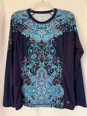 Athleta blue 'Runaway' paisley print long sleeve rash guard shirt